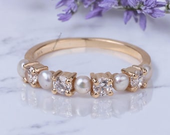 Pearl Diamond Wedding Band, Half Eternity Band For Women, 14k Rose Gold Pearl Matching Band, Minimalist Delicate Band, Anniversary Gift