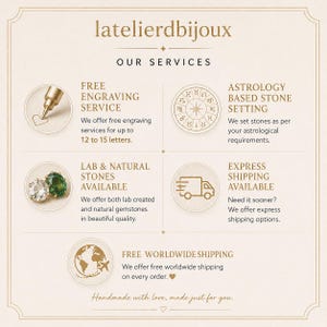 Puede incluir: Gr&aacute;fico color crema con el texto "latelierdbijoux" y "NUESTROS SERVICIOS". Destaca el grabado gratuito, la colocaci&oacute;n de piedras basada en la astrolog&iacute;a, las piedras naturales y de laboratorio, y el env&iacute;o expr&eacute;s. Tambi&eacute;n incluye el texto "Handmade with love, made just for you".