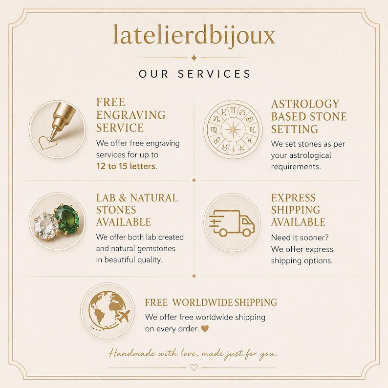 Puede incluir: Gr&aacute;fico color crema con el texto "latelierdbijoux" y "NUESTROS SERVICIOS". Destaca el grabado gratuito, la colocaci&oacute;n de piedras basada en la astrolog&iacute;a, las piedras naturales y de laboratorio, y el env&iacute;o expr&eacute;s. Tambi&eacute;n incluye el texto "Handmade with love, made just for you".
