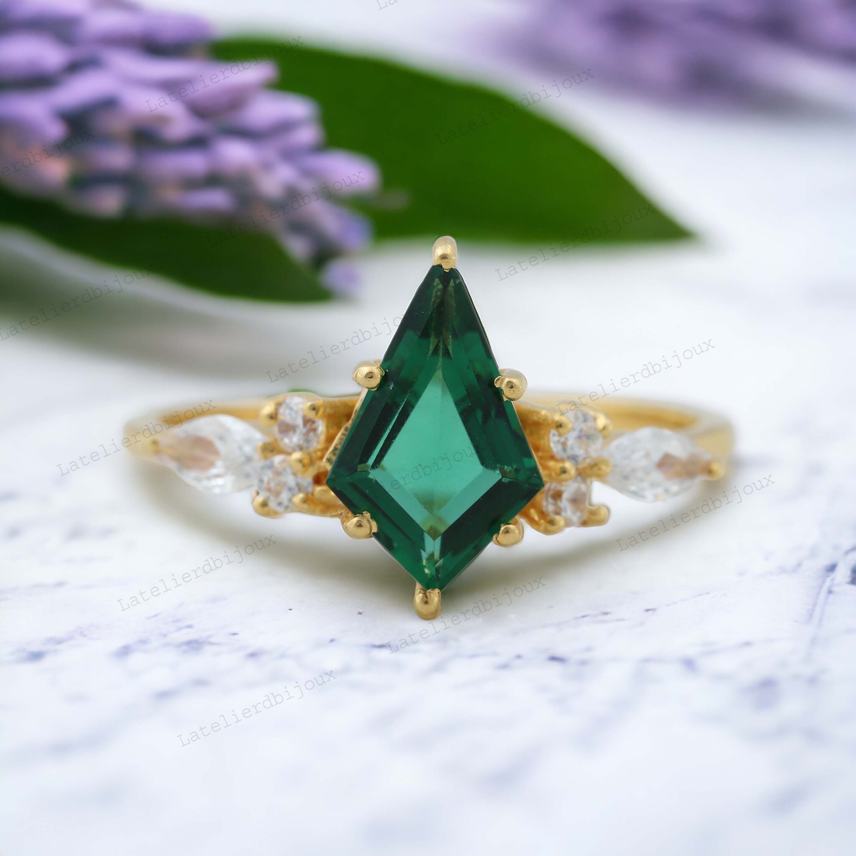 Kite Cut Emerald Ring, Diamond Cluster Promise Ring, Green Gemstone Engagement Ring, 14k Yellow Gold Bridal Jewelry, May Birthstone Gifts