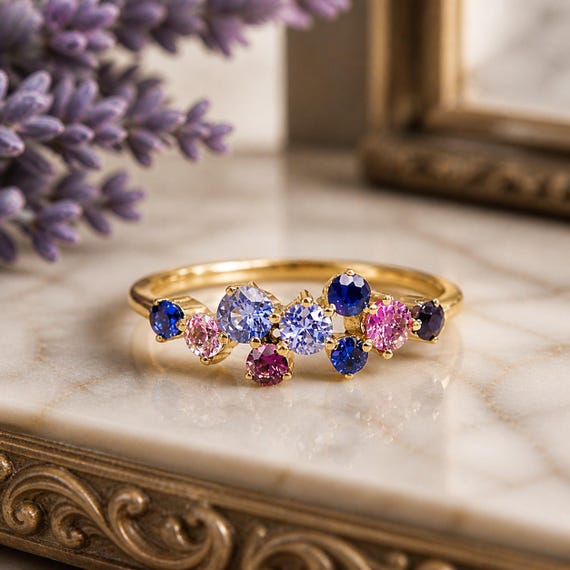Multi Gemstone Sapphire Cluster Ring, Multi Sapphire, September Birthstone, handcrafted Ring, 925 Solid Silver Ring, Antique Wedding Ring