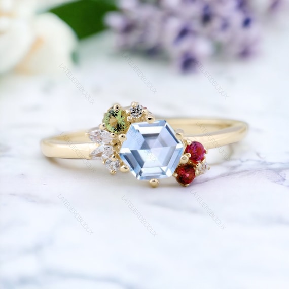 Hexagon Aquamarine Ring Vintage Art Deco Round Cut Ruby Ring