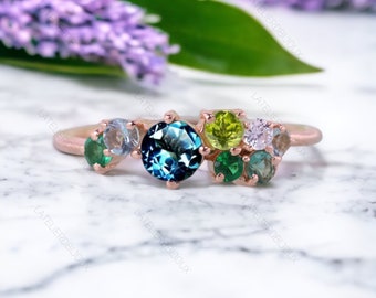 Teal Sapphire cluster ring, White sapphire engagement ring, Multi sapphire ring, Cluster engagement ring, Green sapphire cluster ring
