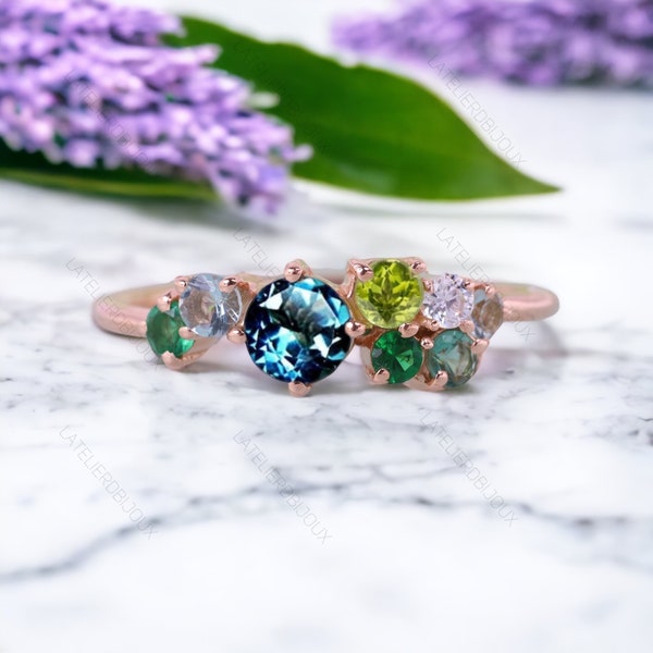 Teal Sapphire cluster ring, White sapphire engagement ring, Multi sapphire ring, Cluster engagement ring, Green sapphire cluster ring