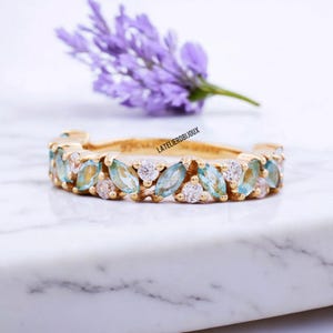 Blue Aquamarine Diamond Wedding Band Marquise Cut Aquamarine Dainty Band Sterling Silver Ring Half Eternity Band March Birthstone Ring