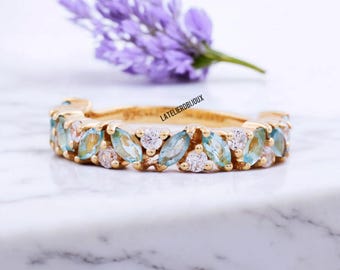 Blue Aquamarine Diamond Wedding Band Marquise Cut Aquamarine Dainty Band Sterling Silver Ring Half Eternity Band March Birthstone Ring