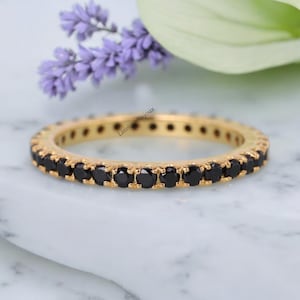 Black Onyx Wedding Band 14K Yellow Gold Promise Band Art Deco Full Eternity Anniversary Jewelry Black Gemstone Personalized Gift for Partner