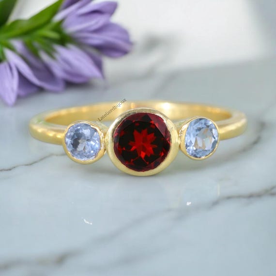Vintage Red Garnet and Aquamarine Ring, Delicate Bridal Engagement