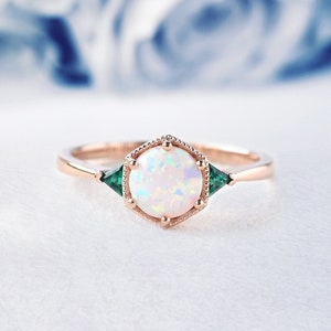 Fire Opal Engagement Ring, Triangle Emerald Ring, Bridal Ring, October Birthstone, 14k Rose Gold, Art Deco Ring, Anniversary Gift For Love