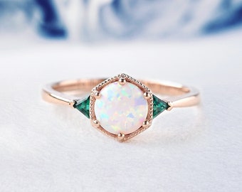Fire Opal Engagement Ring, Triangle Emerald Ring, Bridal Ring, October Birthstone, 14k Rose Gold, Art Deco Ring, Anniversary Gift For Love