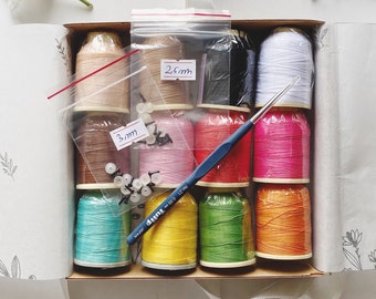 Silk thread box, Colorful thread, Safety eyes and Crochet hook