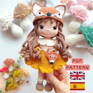 SCHEMA ALL'UNCINETTO Bambola Amigurumi Fox Eliza, Inglese, Spagnolo, PDF