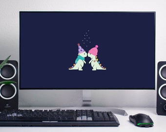 Dinosaurs Under Stars - Desktop Wallpaper / Computer Background || Colourful Quirky Mac PC - navy, cartoon, winter, kids, friends