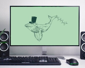 A Whale of a Time - Desktop Wallpaper / Computer Background || Colourful Quirky Mac PC - whale, sketch, green, oceanic, vintage