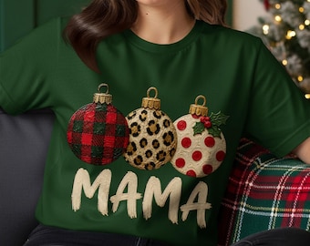 Mama Christmas Ornaments T-Shirt, Faux Plaid Leopard Print & Holly, Festive Holiday Mom Tee, Cozy Xmas Gift for Her