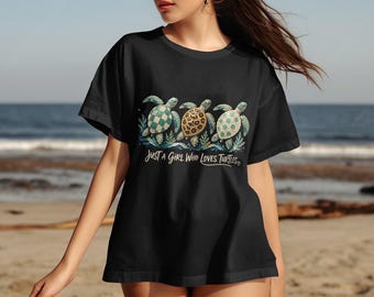 Just a Girl Who Loves Turtles Cotton T-Shirt | Cute Sea Turtle Ocean Lover Tee | Faux Painted Marine Life Top