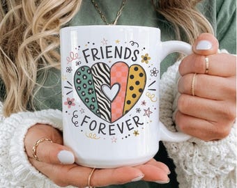 Friends Forever Ceramic Mug | Trendy Best Friend Gift, Boho Leopard Zebra Cheetah Heart Print Cup