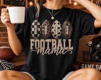 Football Mama T-Shirt | Trendy Game Day Apparel for Sports Moms | Leopard Print Checkered Polka Dot Football Tee Gift