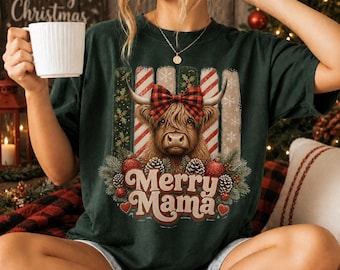 Merry Mama Highland Cow Christmas T-Shirt, Farmhouse Plaid Bow Festive Tee