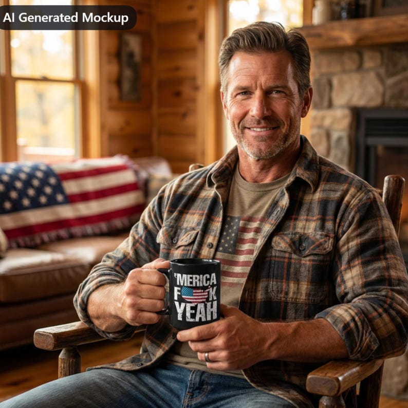 May include: A black ceramic mug featuring the white text 'MERICA YEAH' with a small American flag graphic replacing the letter 'I'. The mug is held by a person wearing a brown plaid flannel shirt over a t-shirt with a faded American flag print.