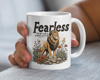 Christian Faith Gift Mug, Fearless Lion Design with Isaiah 41:10
