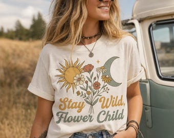Stay Wild Flower Child Graphic Tee, Boho Festival Wear, Soft Cotton Shirt