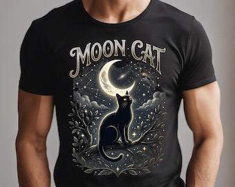 Moon Cat Shirt, Black Cat Celestial Tee, Gothic Night Sky Atmospheric Design