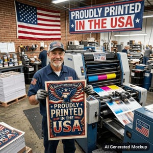 May include: A person in a blue uniform holds a rectangular poster featuring a bald eagle, American flag motifs, and the text "MADE WITH AMERICAN PRIDE PROUDLY PRINTED IN THE USA" in a print shop with a large industrial printing press and wall flag.