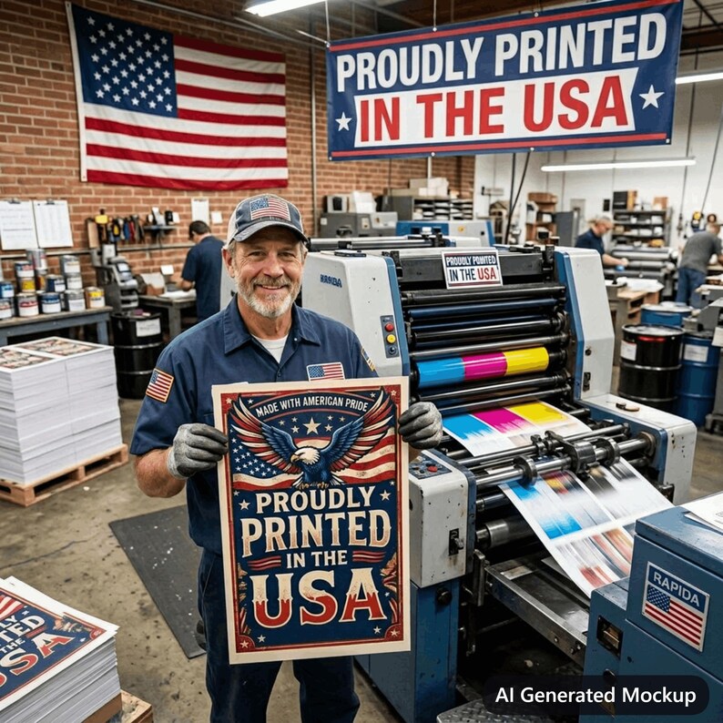 May include: A person in a blue uniform holds a rectangular poster featuring a bald eagle, American flag motifs, and the text "MADE WITH AMERICAN PRIDE PROUDLY PRINTED IN THE USA" in a print shop with a large industrial printing press and wall flag.