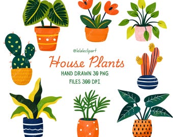 House Plant Clipart PNG Bundle, Cute Hand Drawn Boho Potted Plants, 30 Botanical Illustrations 300 DPI Transparent, Succulent, Leafy, Garden