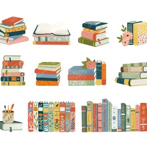 May include: A collection of illustrated books in various stacks and arrangements. The books feature colorful covers with floral and geometric patterns. Some stacks include bookmarks, and a few have flowers. A pencil holder with pens and pencils is also present.