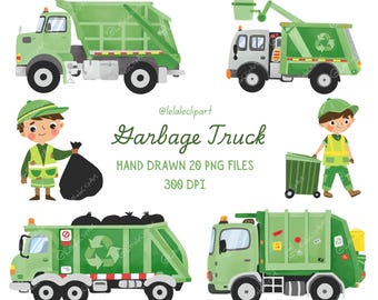 Garbage Truck Clipart Watercolor PNG, Recycling Truck Birthday Party Decor, Trash Truck Boy Clip Art, Sanitation Worker, Digital Download