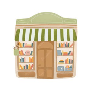 May include: Illustration of a quaint bookstore with a green and white striped awning. The building has a light brown facade, a wooden door, and shelves filled with colorful books. A small green sign hangs to the left.