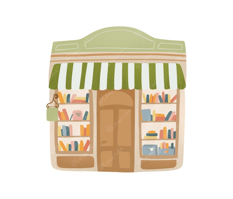 May include: Illustration of a quaint bookstore with a green and white striped awning. The building has a light brown facade, a wooden door, and shelves filled with colorful books. A small green sign hangs to the left.