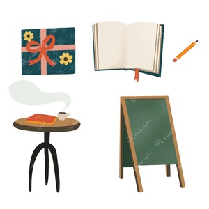 May include: An illustration featuring a teal gift box with a red bow and yellow flowers, an open book with a red bookmark, a yellow pencil, a small table with a book and coffee cup, and a green chalkboard sign.