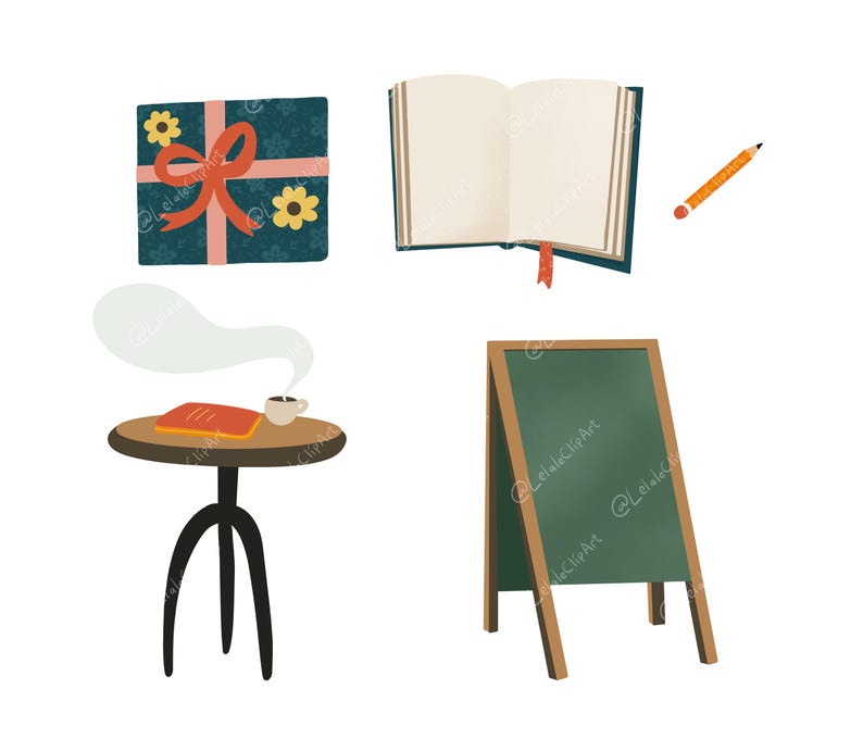 May include: An illustration featuring a teal gift box with a red bow and yellow flowers, an open book with a red bookmark, a yellow pencil, a small table with a book and coffee cup, and a green chalkboard sign.
