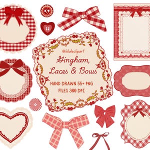 以下が含まれることがあります： 赤と白のギンガムチェック柄、リボン、レース、装飾フレームを特徴とするデジタルクリップアート要素のコレクション。ハート型のデザインと「Gingham, Laces & Bows」というテキストのサインが含まれています。