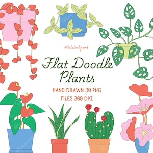 Könnte beinhalten: Eine Sammlung von flachen Doodle-Pflanzenillustrationen in verschiedenen Töpfen. Das Bild zeigt einen rosa Topf mit roten herzförmigen Blättern, einen blauen Topf mit grünen Blättern und einen grünen Kaktus mit roten Blüten. Der Text lautet "Flat Doodle Plants".