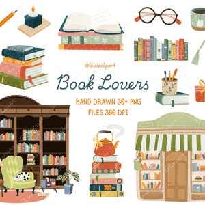 May include: An illustration featuring various book-related items: stacks of books, a bookshelf, reading glasses, a teacup, a pencil, a candle, and a gift box. The words "Book Lovers" are also displayed.