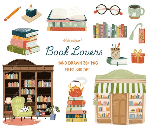 Book Lover Clipart Set, Cozy Reading Clipart, Bookstore & Library PNG, Book Stack, Reading Aesthetic, Planner Sticker, Printable PNG