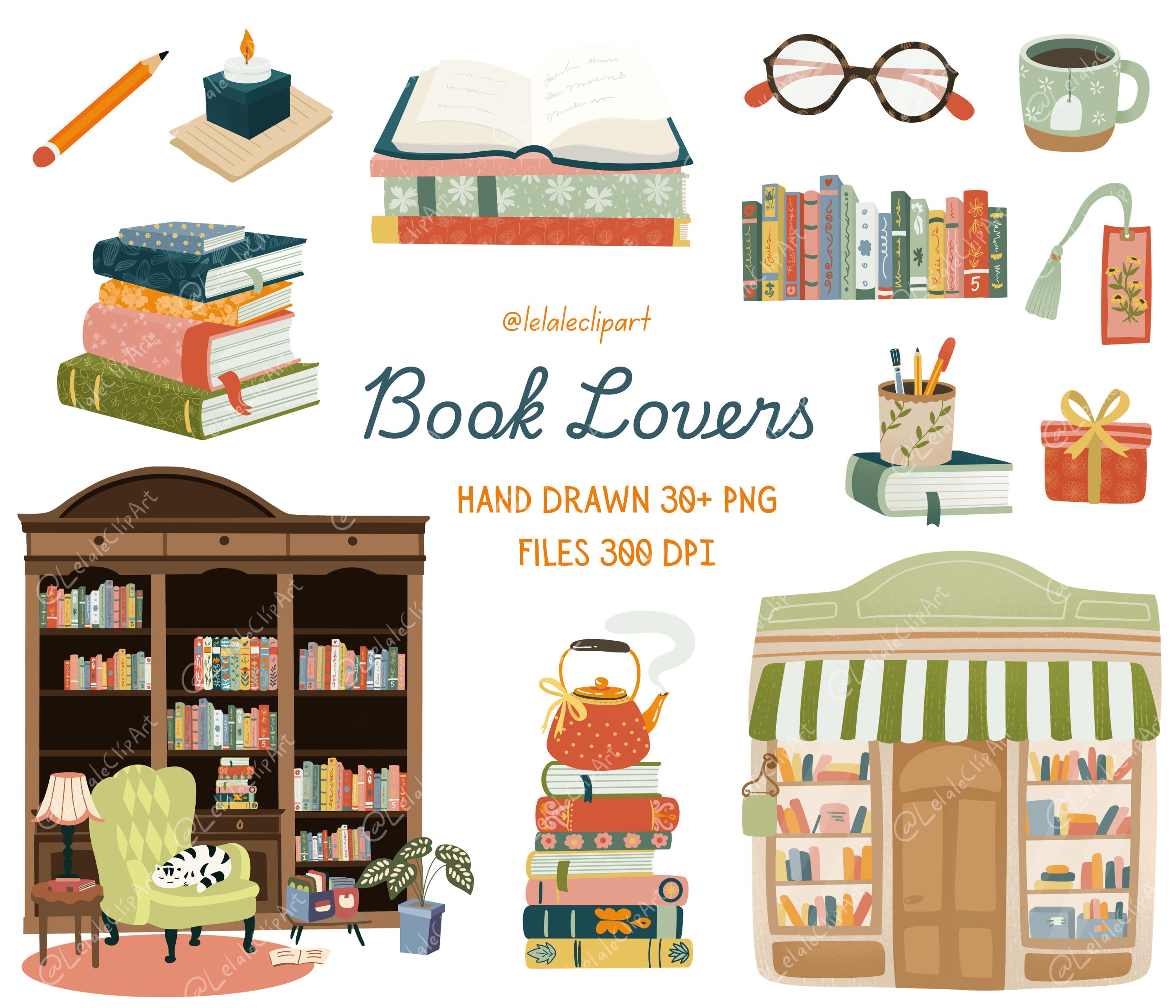 Book Lover Clipart Set, Cozy Reading Clipart, Bookstore & Library PNG ...