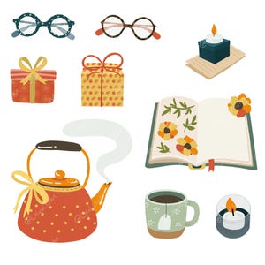 May include: An illustration featuring various cozy items. Includes two pairs of eyeglasses, two wrapped gifts, a teapot with steam, an open book with floral accents, a mug of tea, a lit candle, and a small candle in a glass holder.