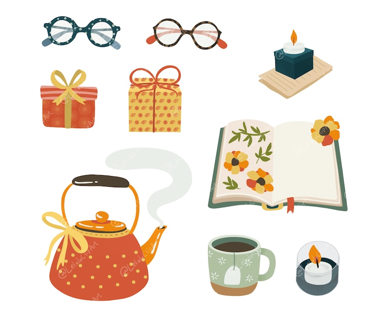 May include: An illustration featuring various cozy items. Includes two pairs of eyeglasses, two wrapped gifts, a teapot with steam, an open book with floral accents, a mug of tea, a lit candle, and a small candle in a glass holder.