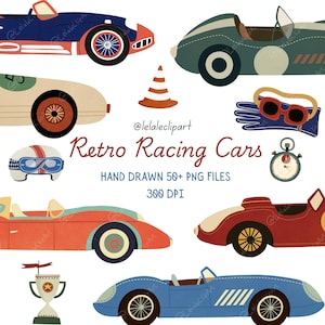 Può includere: Illustrazioni di auto da corsa retrò in vari colori, tra cui rosso, blu e verde. L'immagine presenta anche un cono stradale, occhiali da corsa, un cronometro, un casco e un trofeo. Il testo recita "Retro Racing Cars".