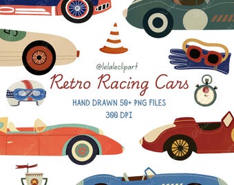 Retro Racing Car Clipart, Vintage Race Car PNG, Boys Racing Party Elements, Racing Badges, Nursery Car Illustrations, 300 DPI Printable PNG