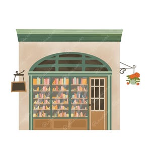 May include: Illustration of a bookstore facade with a green awning and arched window. The window displays shelves filled with colorful books. A small sign hangs to the left, and a flower pot hangs to the right.