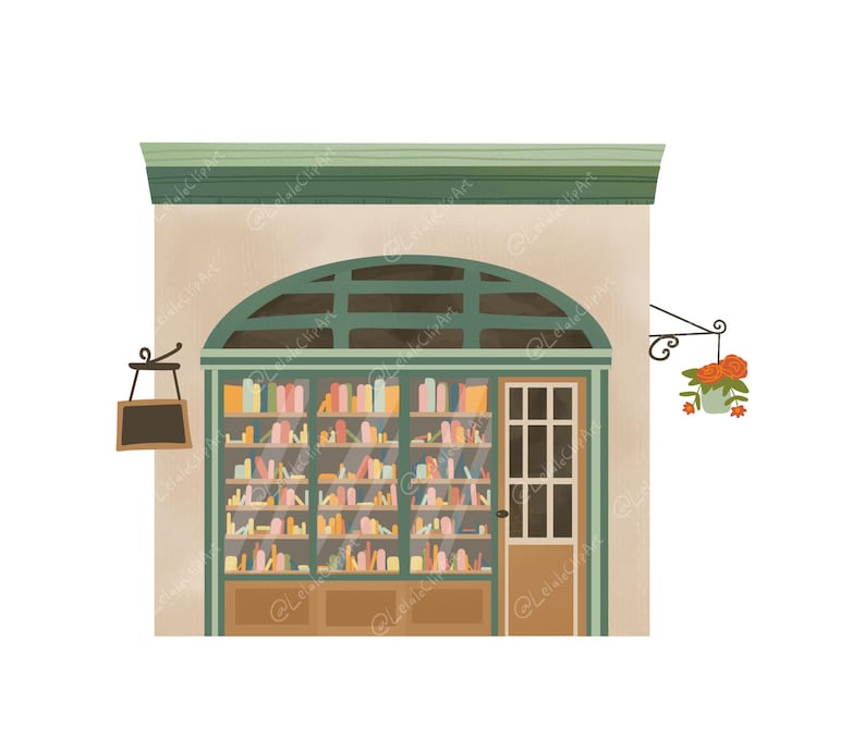 May include: Illustration of a bookstore facade with a green awning and arched window. The window displays shelves filled with colorful books. A small sign hangs to the left, and a flower pot hangs to the right.