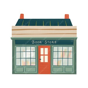 May include: Illustration of a quaint book store with a teal facade, a red door, and large windows. The words "Book Store" are written above the windows. The roof is dark blue with orange chimney stacks.