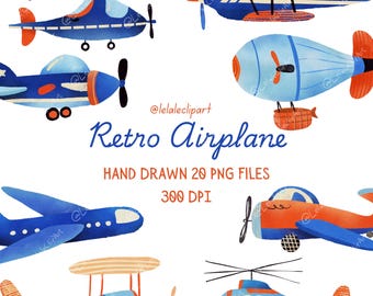 Airplane Clipart Set, Retro Vintage Planes, Helicopter & Biplane, Aviation Transportation Clipart, Watercolor PNG for Kids Nursery Birthday