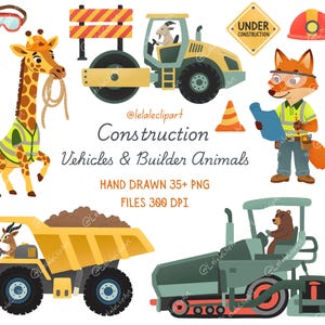 May include: A digital illustration set featuring construction vehicles and animals including a giraffe, a fox, a goat, and a bear. The collection includes a steamroller, a dump truck, safety gear, and signs with the text Construction Vehicles & Builder Animals.